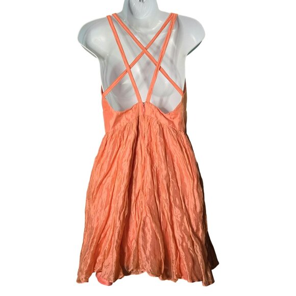 Y2K Vintage Style Silk Metallic Pink Coral Crinkle Halter Babydoll Mini Dress sz - Picture 4 of 12